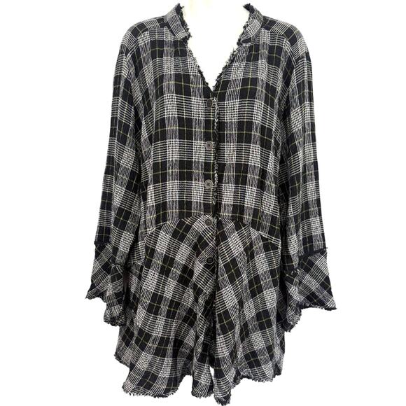 Habitat Womens Plaid Peplum Bell Flare Sleeve Button Up Lagenlook Top Shirt 1X - Picture 1 of 16